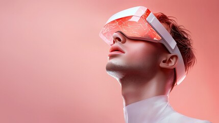 Futuristic Young Man Wearing Virtual Reality Headset Against Soft Gradient Background