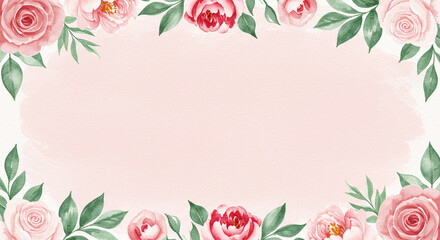 A floral Valentine's Day background with watercolor roses, peonies, and green leaves framing the edges