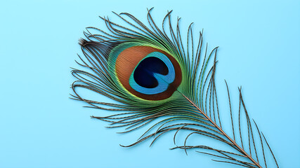 Obraz premium One beautiful peacock feather on blue background, top view. Space for text. Generative AI