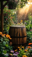 Naklejka premium Wooden rain barrel in lush garden surrounded by colorful flowers. Sunlight filtering through leaves highlights peaceful backyard setting with fresh greenery and vibrant blossoms.