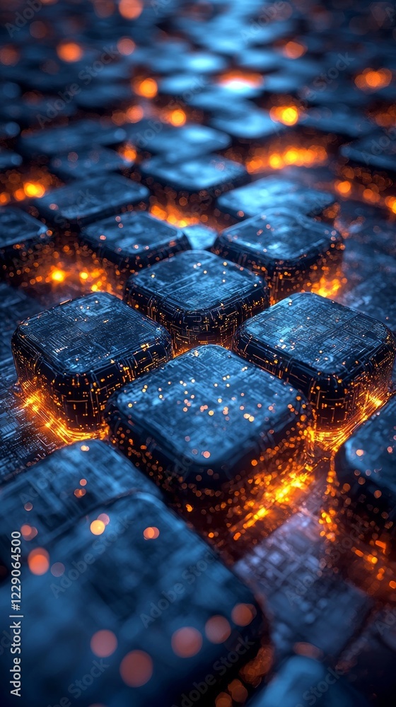 Poster Interconnected blocks resembling digital blockchain structure glow with warm light, symbolizing data exchange and security. The intricate design reflects advanced technology and innovation