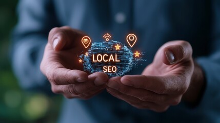 Hands Holding Digital Globe with Local SEO Concept, Location Pins, and Stars Against Blurred Green Background