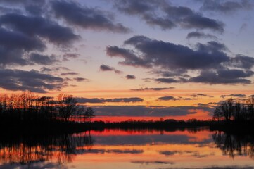 Fototapeta premium Sunset on a lake with trees and clouds, dusk, Alpen-Menzelen, North Rhine-Westphalia, Germany, Europe