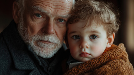 Grandfather holds his young grandson in a cozy setting, sharing a moment of warmth and connection. Generative AI