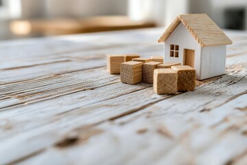 Wooden house model on rustic wooden table with small wooden blocks representing construction and home building concepts