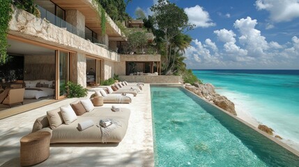 Obraz premium Luxury beachfront villa with infinity pool, offering stunning ocean views and comfortable outdoor lounging.