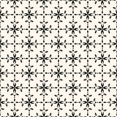 Simple minimalist floral pattern. Minimal seamless texture with small flower shapes. Abstract black and white geometric background. For print, package
