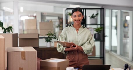 Portrait, boxes and woman with clipboard, inventory and ecommerce with startup, smile and supply...