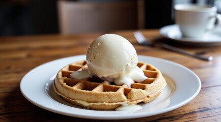 Ice cream melting on a hot waffle, creating a messy and delightful scene