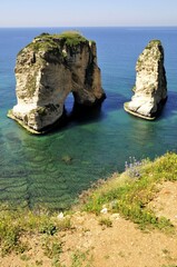 Naklejka premium Pigeons Rock, Grotte aux Pigeons, limestone rocks eroded by wind and weather in the Raouche district, Beirut, Lebanon, Middle East, Asia
