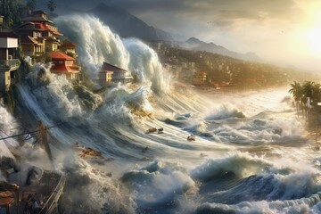 Fototapeta premium Tsunami devastating a coastal city, AI Generated, AI generated
