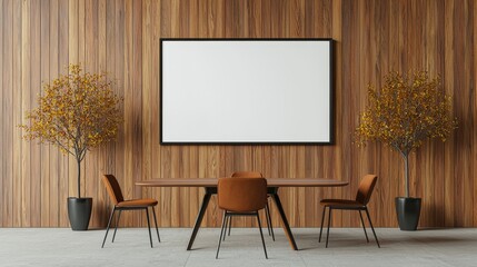 Modern Conference Room Design Featuring Wooden Wall, Minimalist Furniture, and Decorative Trees for Inspiring Collaboration