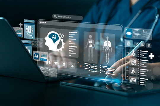 Medical technology with AI system on desktop computer screen. Concept of EMR electronic health monitoring system. Doctors use digital tablet to search electronic health information and network