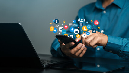 Online sales concept of digital marketing, ad, product ads, promotion of products or services through digital tools. Businessman standing and choosing to use the Ads mode on the display screen