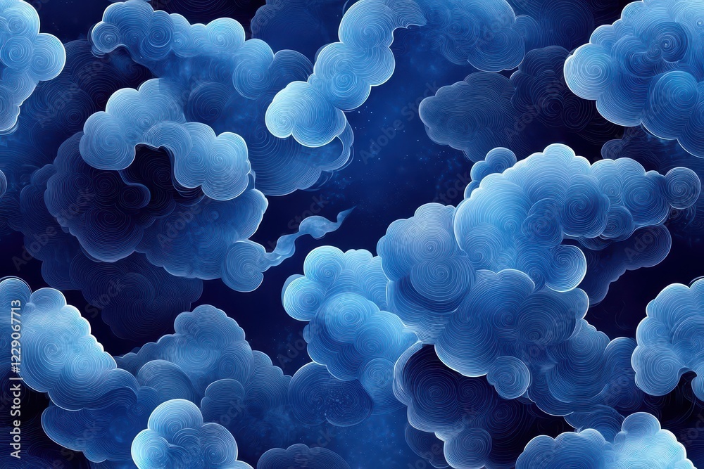 Poster Seamless abstract background of swirling blue clouds with a deep atmosphere and smooth textures, abstract blue clouds background, seamless