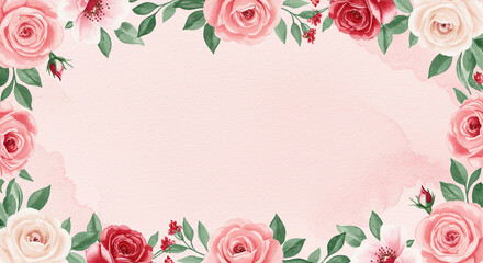 A floral Valentine's Day background with watercolor roses, peonies, and green leaves framing the edges