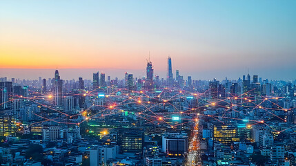 Smart city network sunrise cityscape