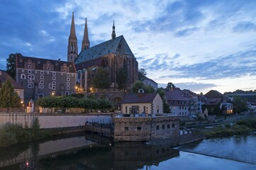 View from the Alstadtbrücke bridge to St. Peter's Church, river Neisse, Görlitz, Oberlausitz,...