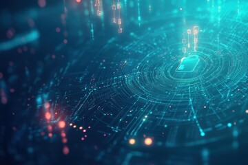 Digital data processing with lock and key icons symbolizing cybersecurity and tech advancements, nkey and padlock icons and digital data processing over blue background
