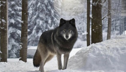 Naklejka premium KI generated, Germany, European wolf, animal, animals, mammal, mammals, biotope, habitat, one, individual, foraging, wildlife, ice, winter, snow, winter forest, black, black, algonquin wolf (Canis lupus lycaon), Canada, Europe