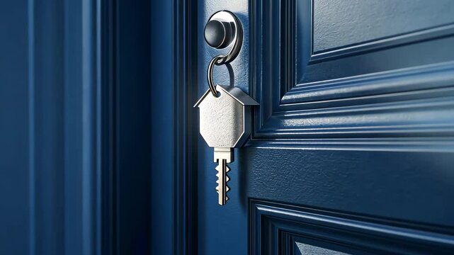 Open a new door with a key and a keychain shaped like a house. New home idea, mortgage, investment, real estate, and property 