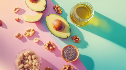 Fresh avocados, nuts, and oil arranged on colorful background create vibrant display of healthy fats. This composition highlights beauty of nutritious ingredients