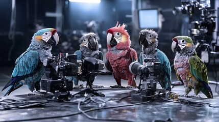 Obraz premium Parrots reporting news from a studio setting animal photography creative concept colorful environment unique viewpoint