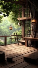 Magical gym nestled among the branches of a giant tree featuring wooden equipment and rope pathways surrounded by lush greenery