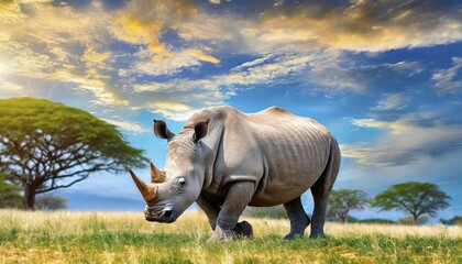 Fototapeta premium AI generated, animal, animals, mammal, mammals, biotope, habitat, one, individual, foraging, wildlife, rhinoceros, white rhinoceros (Ceratotherium simum), white-lipped rhinoceros, white rhino