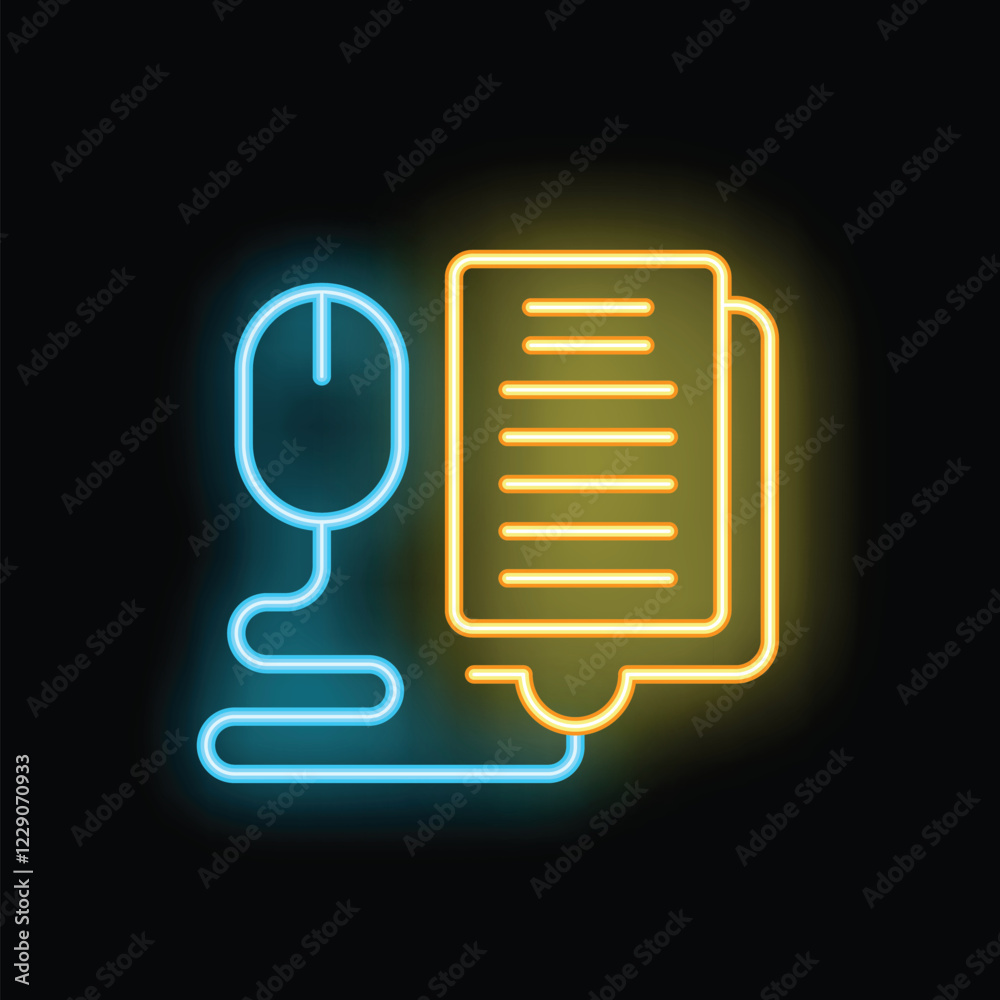 Wall mural neon icon of a computer mouse with its wire connecting to digital documents representing online cont