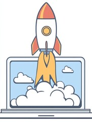 A white laptop with a rocket ship emerging from its screen and surrounded by clouds. The rocket ship has a red top and a glowing tail, symbolizing a business taking off.