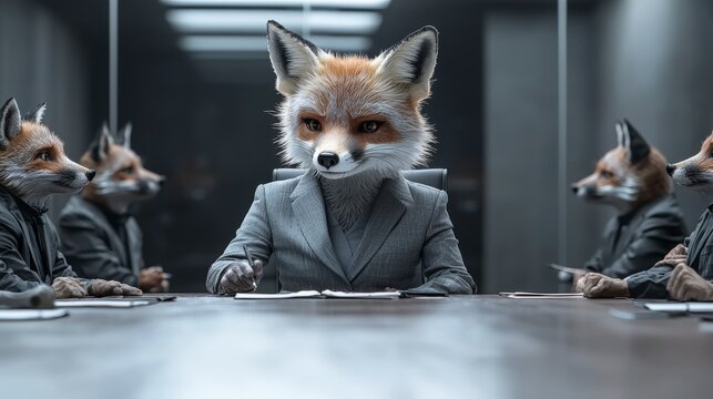 Professional female fox in gray suit leading meeting corporate office digital illustration business environment