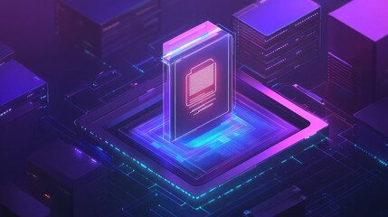 Digital Payroll Management: A futuristic server room setting with a holographic icon depicting a payroll document.