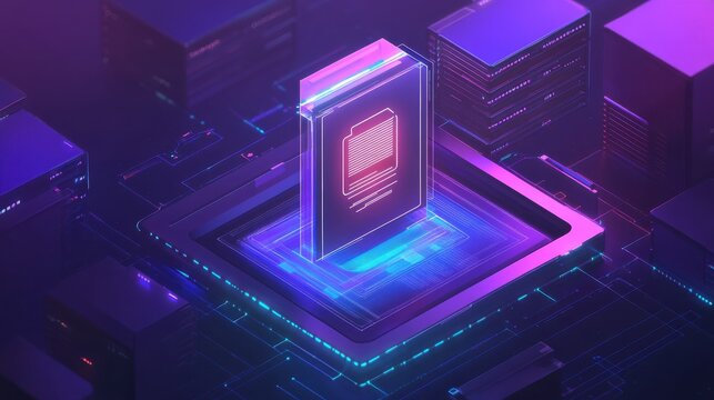 Digital Payroll Management: A futuristic server room setting with a holographic icon depicting a payroll document.