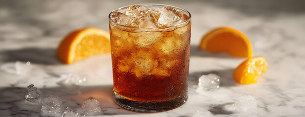 Iced tea, orange slices, marble