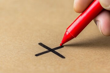 Close-up of a red pen marking a checkbox on a survey form, concept of voting, selection, and decision making.