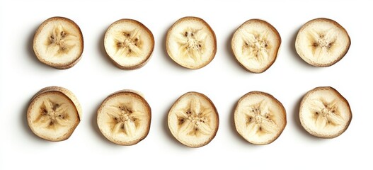Ten banana slices arranged on white background, food photography, recipe website use