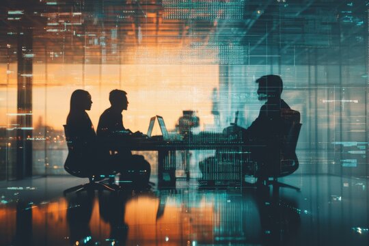 Diverse colleagues engaging in data processing discussions in a modern workspace at sunset, data processing over diverse colleagues talking in office