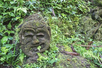 Moss-covered sculpture in the forest, Goa Gajah Elephant Cave complex, Bali, Indonesia, Asia