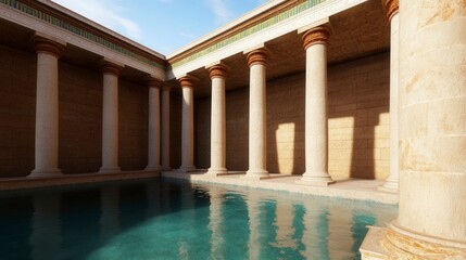 Fototapeta premium Serene Ancient Temple with Columns and Reflective Water in Sunny Atmosphere