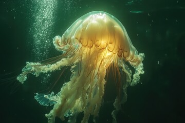 Glowing jellyfish floats gracefully underwater in serene ocean depths during daylight hours, Glowing jellyfish underwater - steady, close up