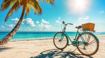Obraz premium A bicycle by a coconut tree, the sun shining brightly and the sound of distant waves creating a relaxing ambiance