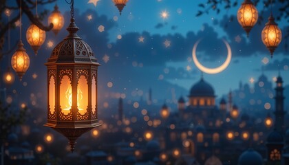 Ramadan celebration with deep blue sky, crescent moon, and bright lanterns