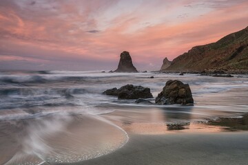 Beach Playa de Benijo, rocks Roques de Anaga, sunset, Canary Island, Tenerife, Spain, Europe