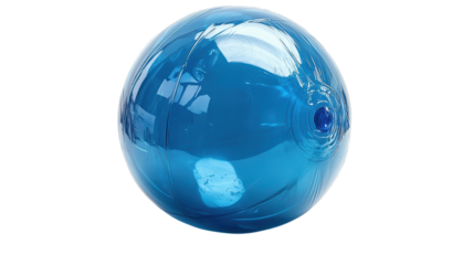 Bright blue inflatable ball resting on a reflective surface under soft lighting