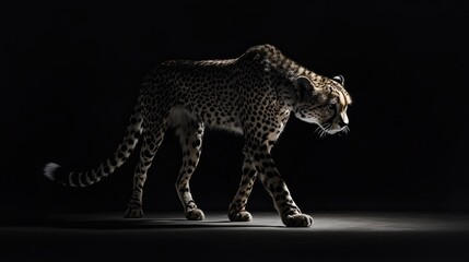 A cheetah's sleek tail elegantly swishing, highlighted against the dark backdrop to evoke power.