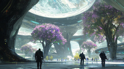 Futuristic dome city with purple flowering trees, advanced architecture, and people walking under a bright skylight