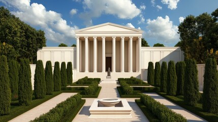 Obraz premium Elegant Garden with Classical Architecture Surrounded by Lush Greenery and Blue Sky
