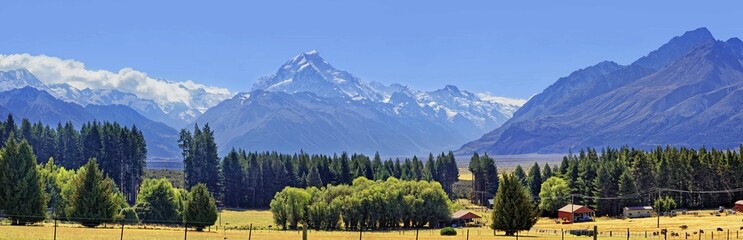 Obraz premium Snowy peaks of Mount Cook, Aoraki with rows of trees and farms, Mount Cook National Park, Southern Alps, South Island, New Zealand, Oceania