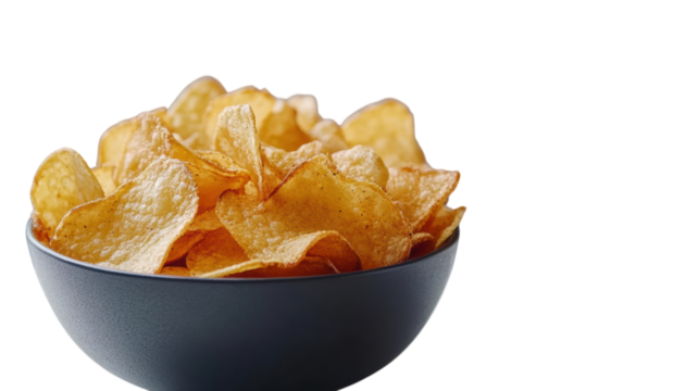 Crispy golden potato chips served in a black bowl for a snack time treat